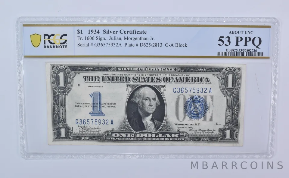 1934 $1 Silver Certificate Fr#1606 Blue Seal About Unc 53 PPQ PCGS *8097