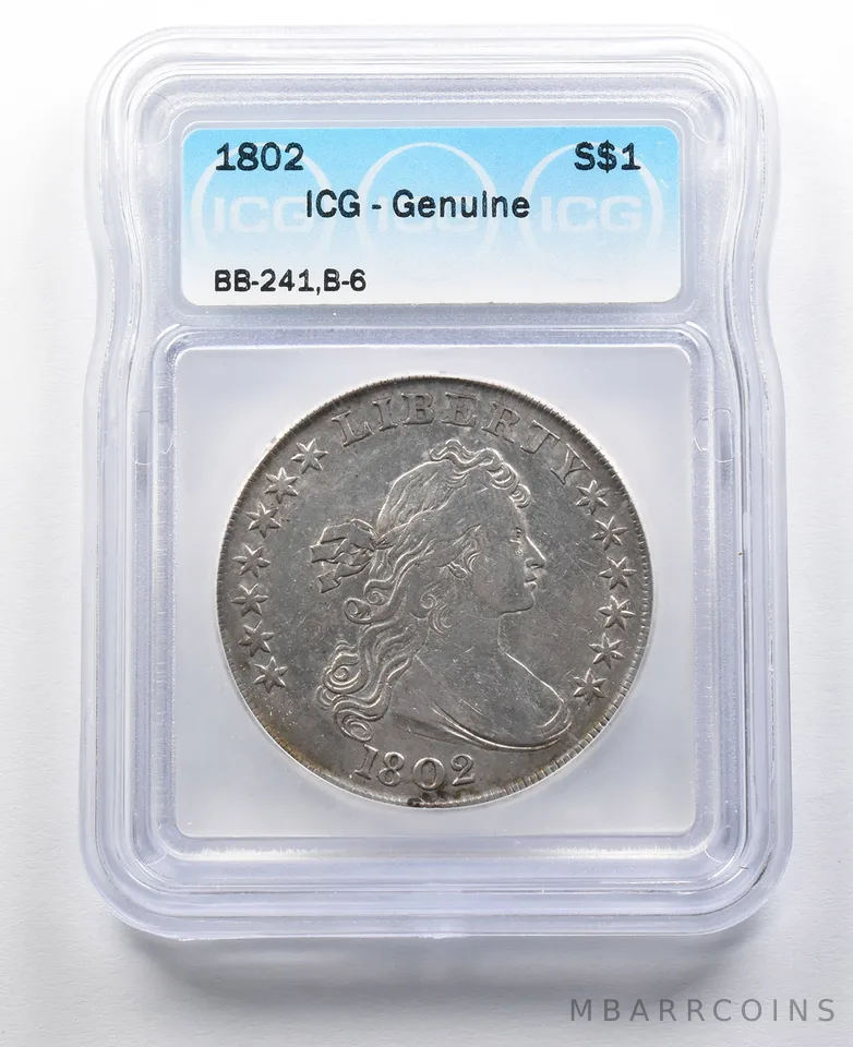1802 Draped Bust Silver Dollar BB-241, B-6 ICG Genuine *2079
