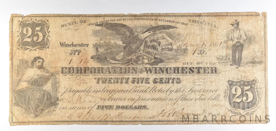 1861 25 Cents Winchester VA Obsolete Note *8834