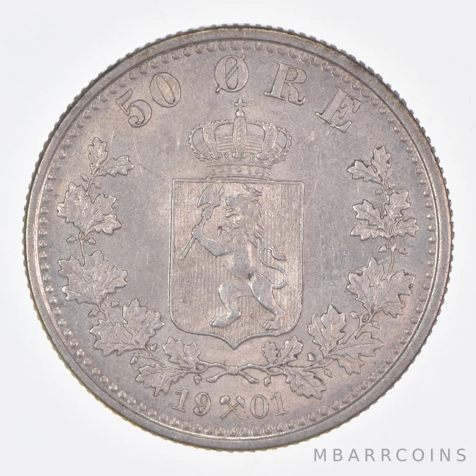 Better Date - 1901 Norway 50 Ore World Coin- Silver *391