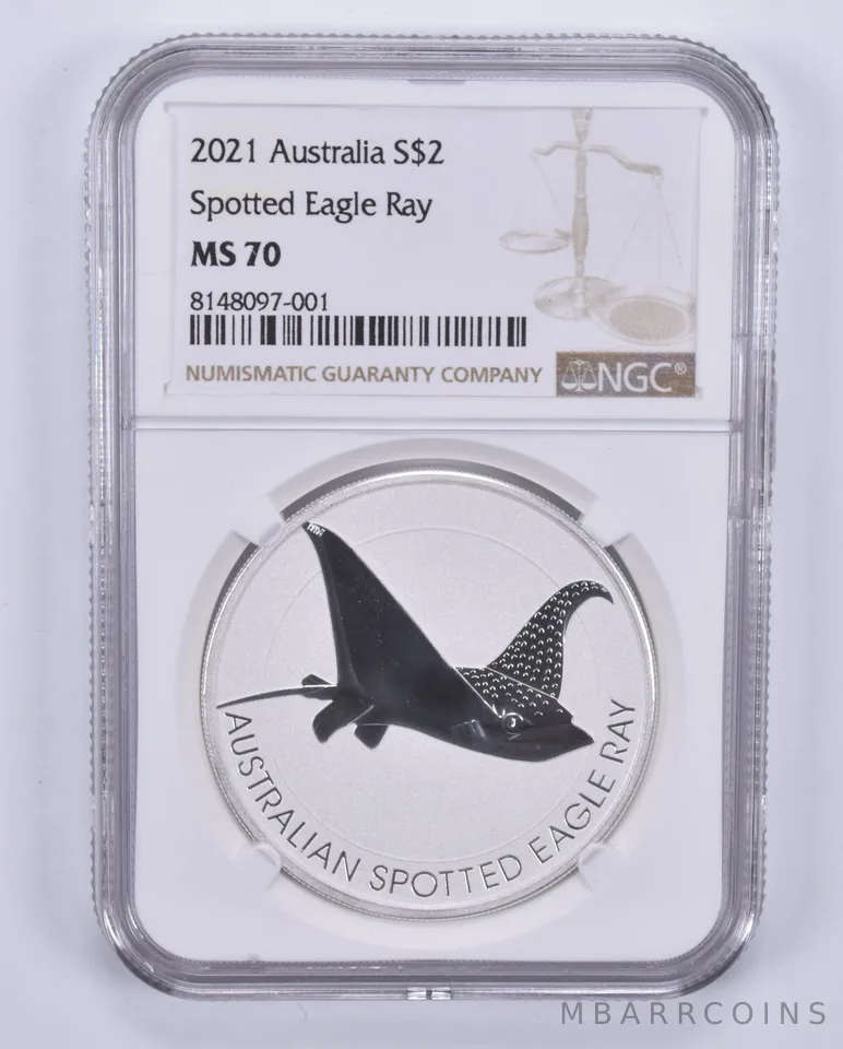 2021 Australia 2 Dollars Silver Spotted Eagle Ray MS70 NGC Brown Label