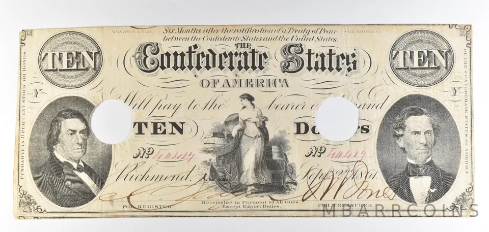 1861 $10 Confederate States Of America Obsolete Note *8729