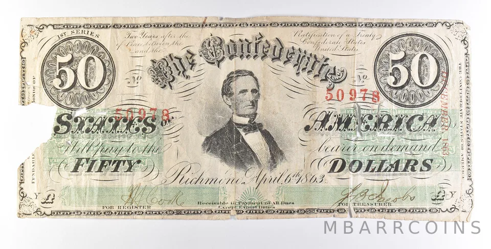 1863 $50 Confederate States Of America Note T57 *7273