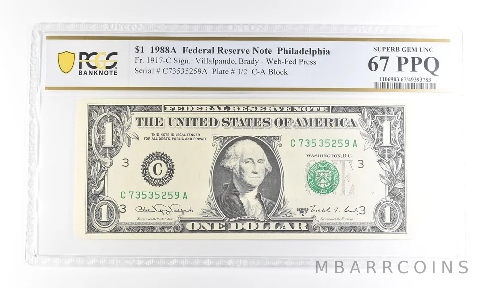 1988 A $1 Philadelphia PA FRN Fr#1917-C Superb Gem Unc 67 PPQ PCGS *2905