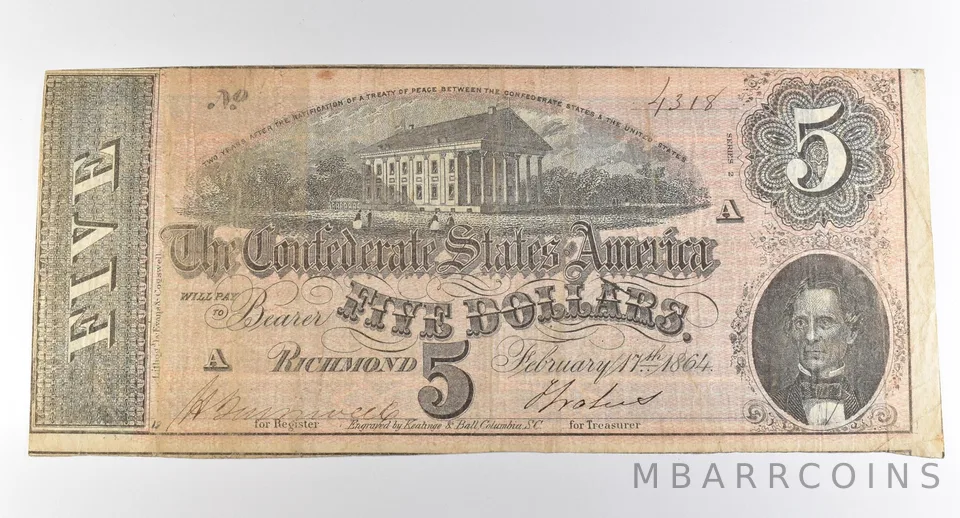 1864 $5 Richmond VA Confederate States Of America Obsolete Note *3870