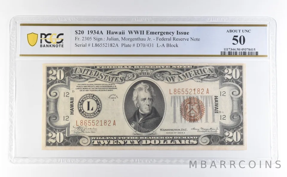 1934 A $20 Hawaii WWII Emergency Issue FR#2305 About Unc 50 PCGS a2745