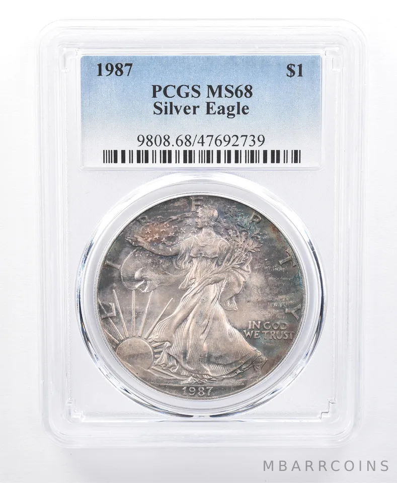 1987 American Silver Eagle MS68 PCGS Purple/Green Tone *8628