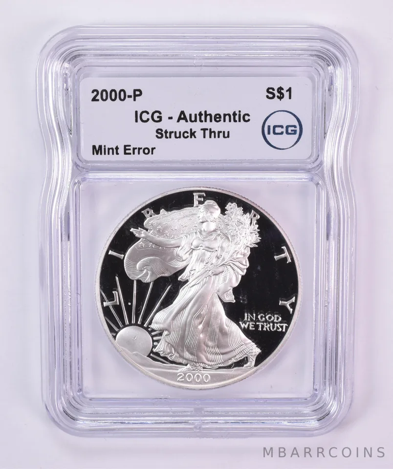 2000-P American Silver Eagle Mint Error Struck Thru Authentic ICG