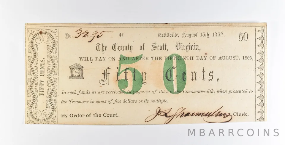 1862 50 Cents Estillville VA County Of Scott Obsolete Note *8927