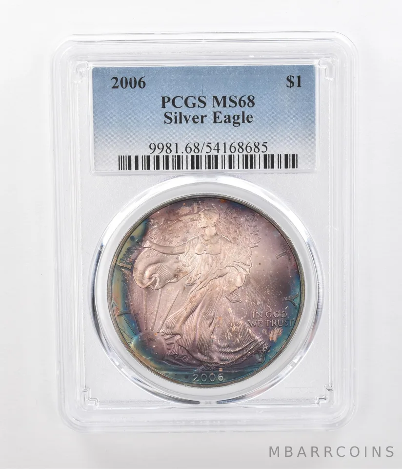 2006 American Silver Eagle MS68 PCGS Blue/Purple Tone *1242