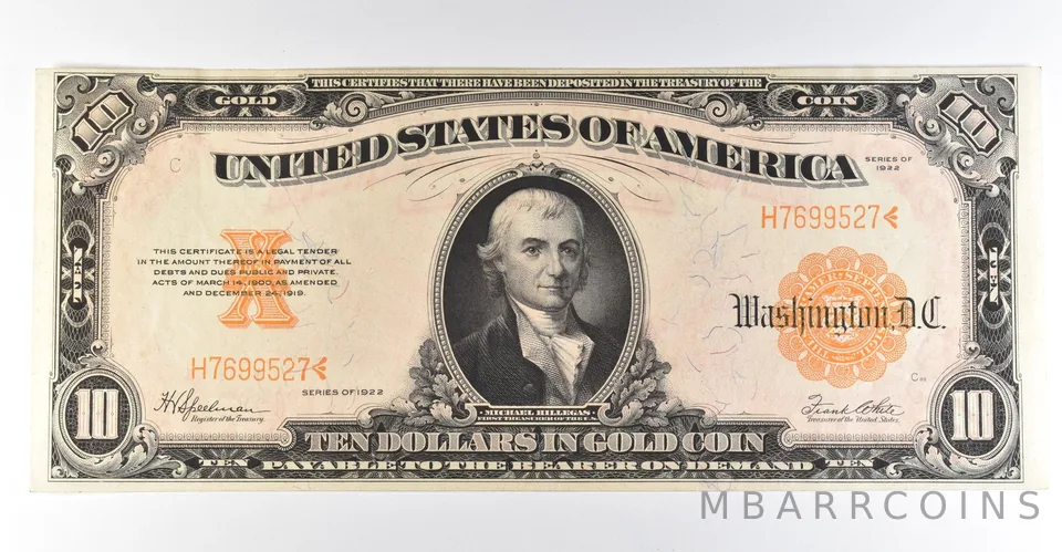 1922 $10 Gold Certificate Large Note Yellow Seal *8339