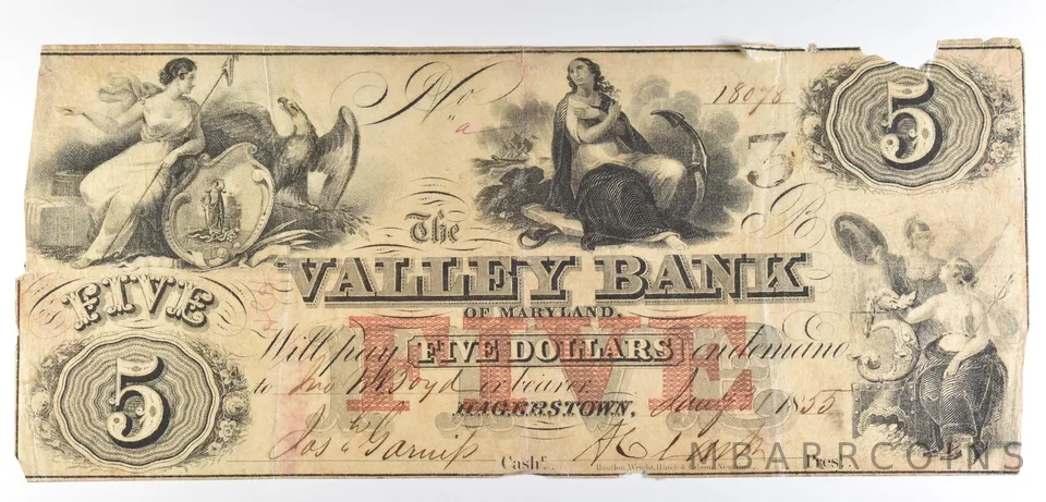 1855 $5 Hagerstown MD Valley Bank Obsolete Note *8513