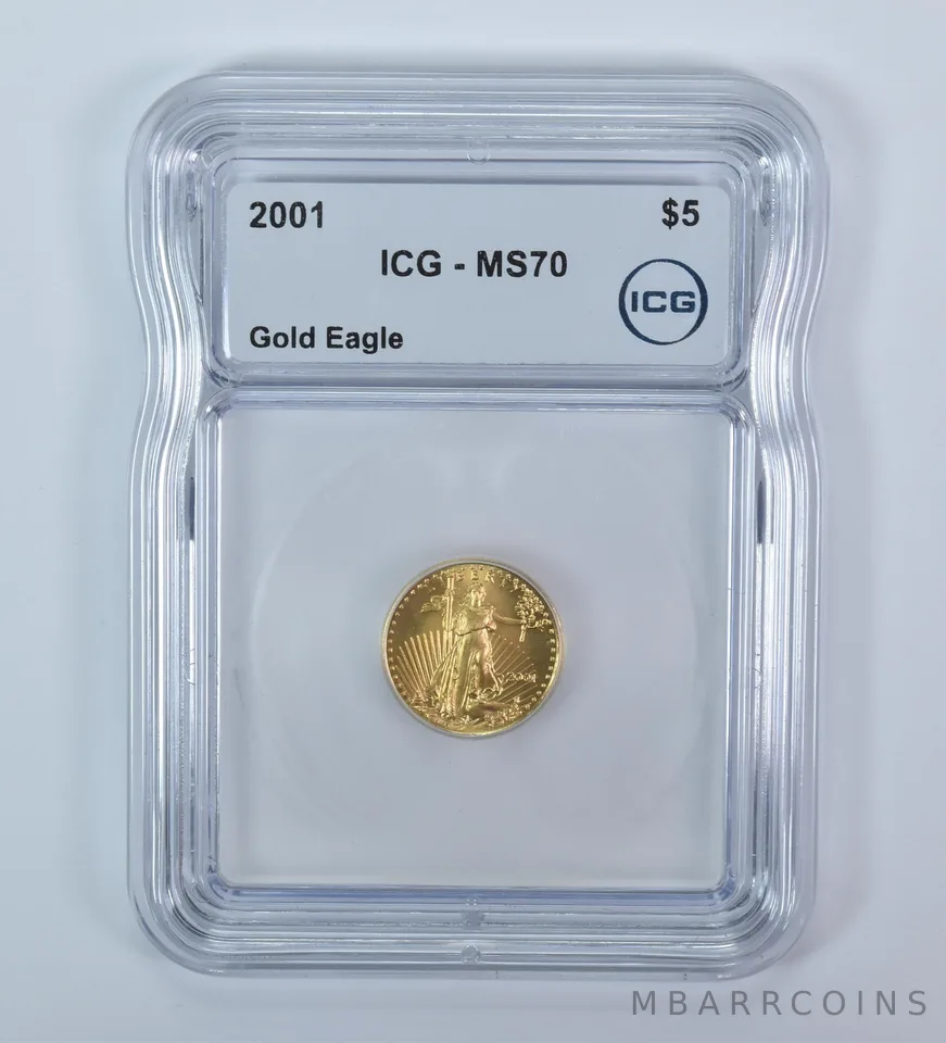 2001 $5 American Gold Eagle 1/10 Oz Gold MS70 ICG