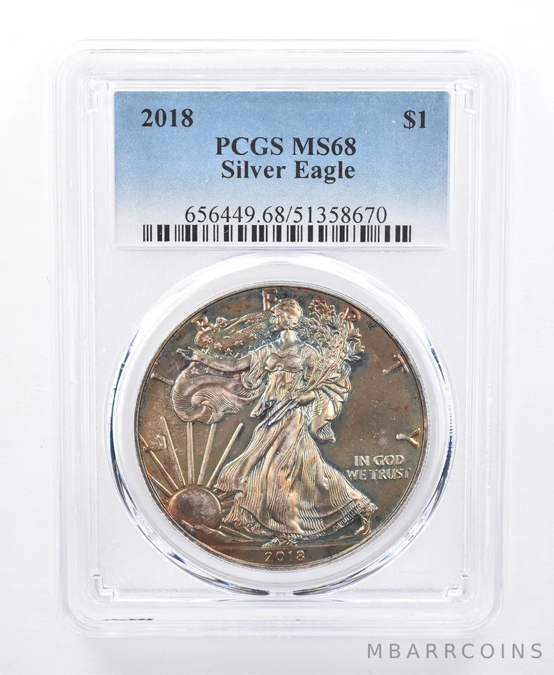 2018 American Silver Eagle MS68 PCGS Blue/Green Tone *8620