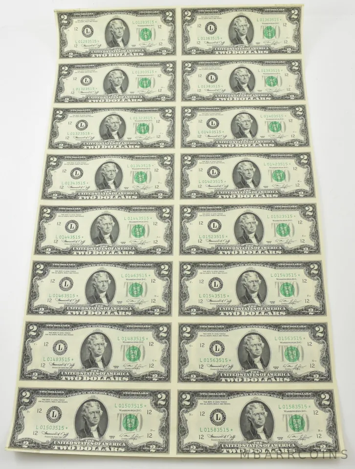 Lot (16) 1976 $2 San Francisco CA FRN Green Seal Uncut Sheet STAR a5759