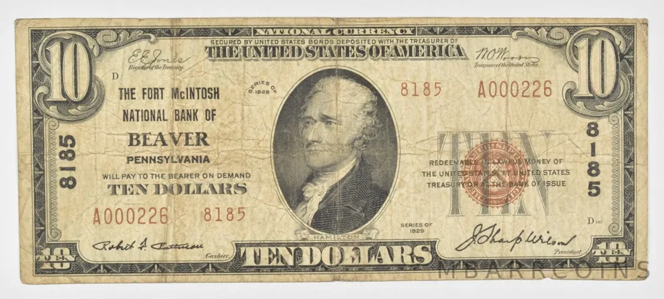 1929 $10 Beaver, PA United States National Currency - 8185 *1488