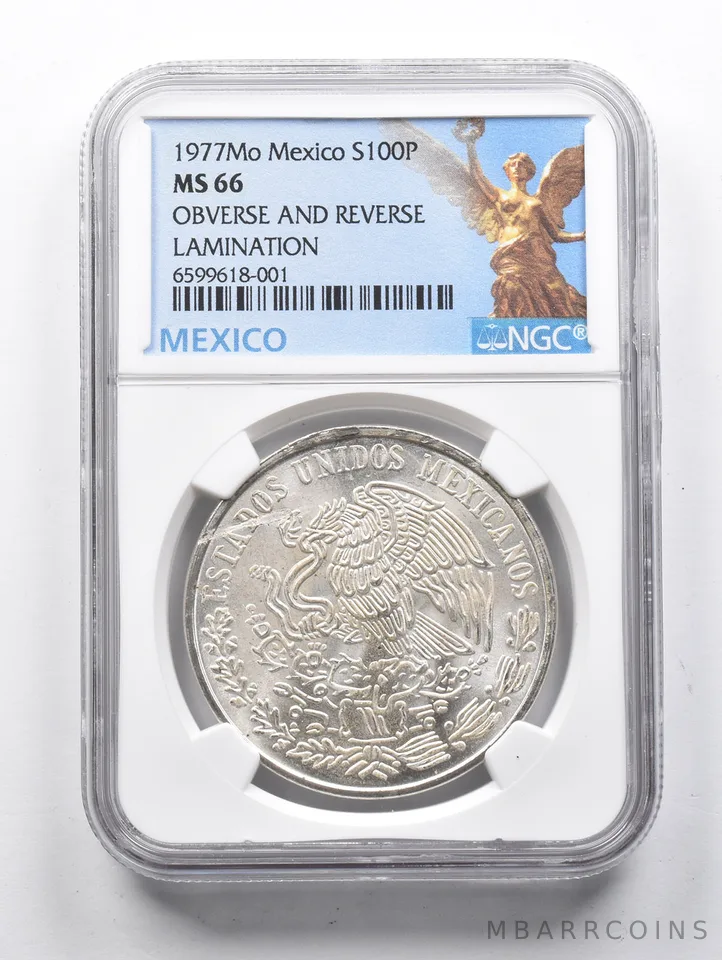 MS66 1977 Mo Mexico 100 Pesos Silver OBV & REV Lamination NGC *1421
