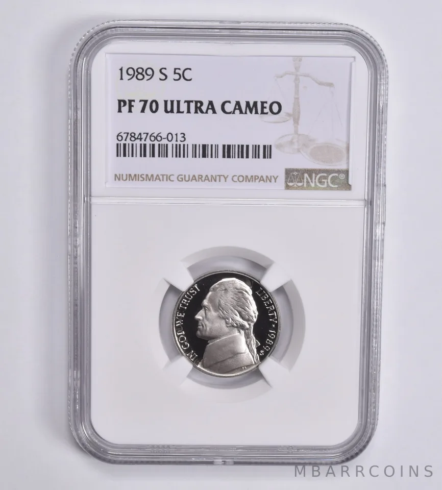 1989-S Jefferson Nickel 5c PF70 UCAM NGC Brown Lbl