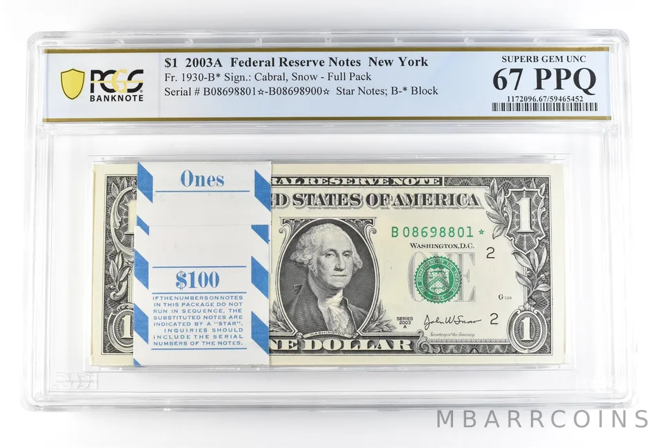 (100) 2003 A $1 New York NY FRN Fr#1930-B* Pack Star Notes Unc 67 PPQ PCGS *0202
