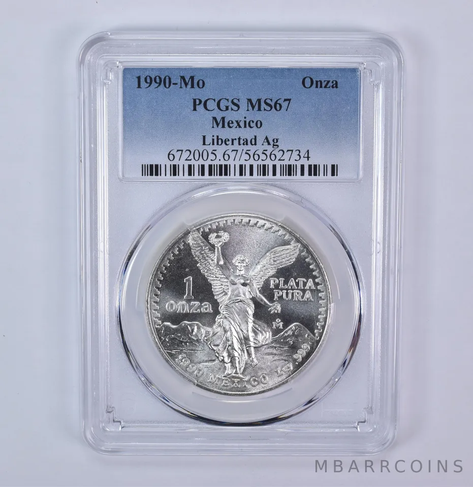 1990 Mo Mexico 1 Onza Silver Libertad MS67 PCGS Blue Label