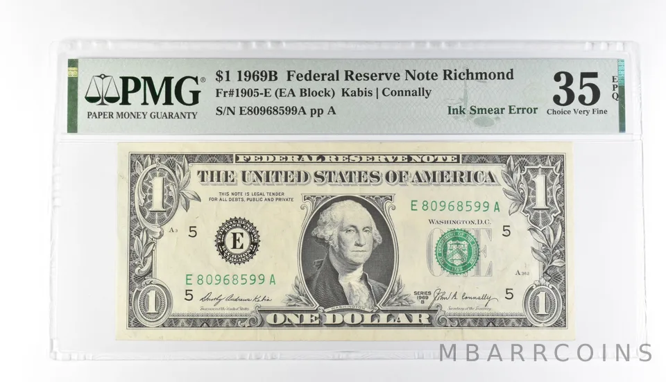 PMG 35 Choice VF EPQ $1 1969B FRN Richmond Fr#1905-E Ink Smear Error *3192