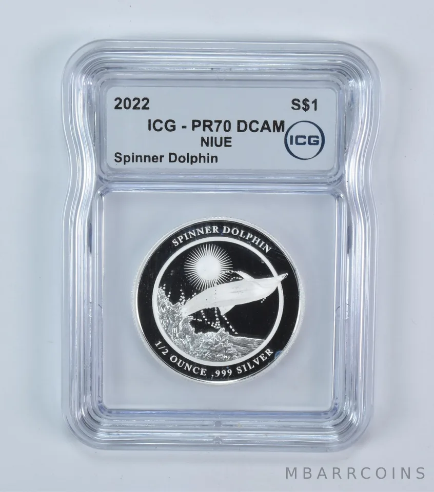 2022 Niue 1 Dollar Silver Spinner Dolphin 1/2 Oz Silver PR70 DCAM ICG