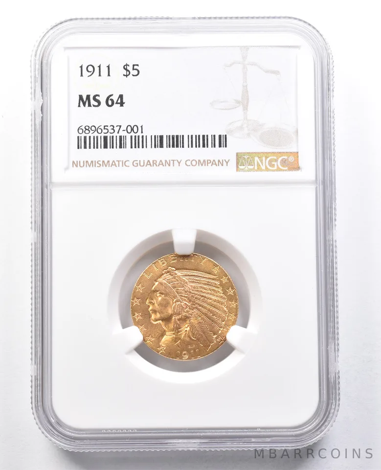 1911 $5 Indian Head Gold Half Eagle MS64 NGC PQ *1751