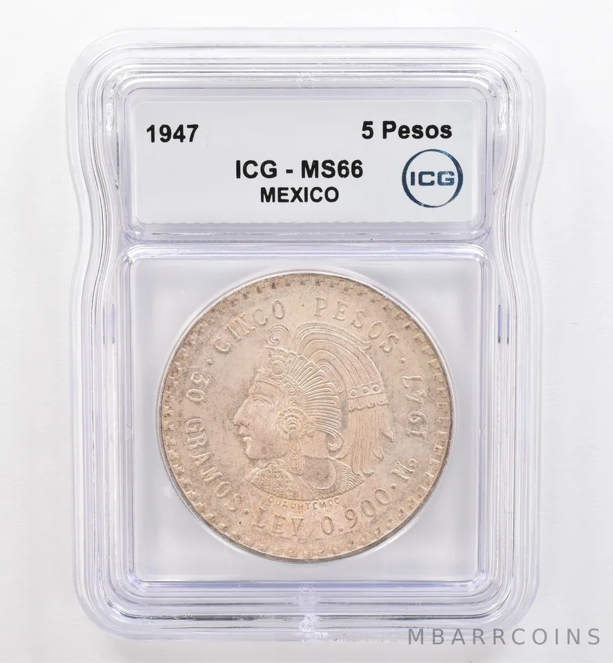 1947 Mo Mexico 5 Pesos MS66 ICG Beautiful Tone *9492