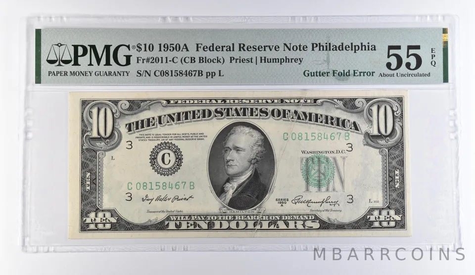 1950 A $10 Philadelphia PA FRN Gutter Fold Error Fr#2011-C AU 55 EPQ PMG *9398