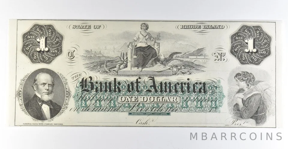 1860s $1 Rhode Island Bank Of America Obsolete NOte *8331