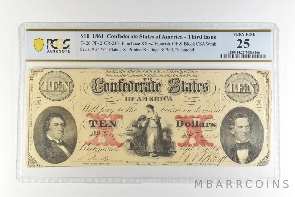 1861 $10 Confederate States America T-26 PF-2 CR-213 Very Fine 25 PCGS *4500