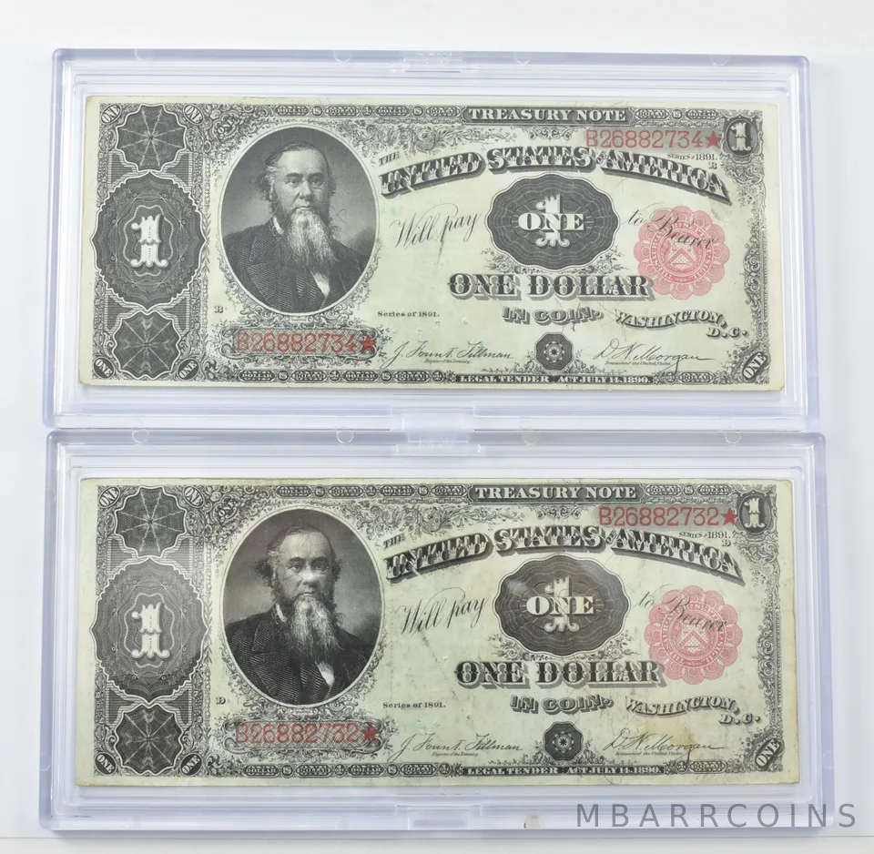 Lot (2) 1891 $1 US Treasury Note Large Note PH Consecutive! a2108
