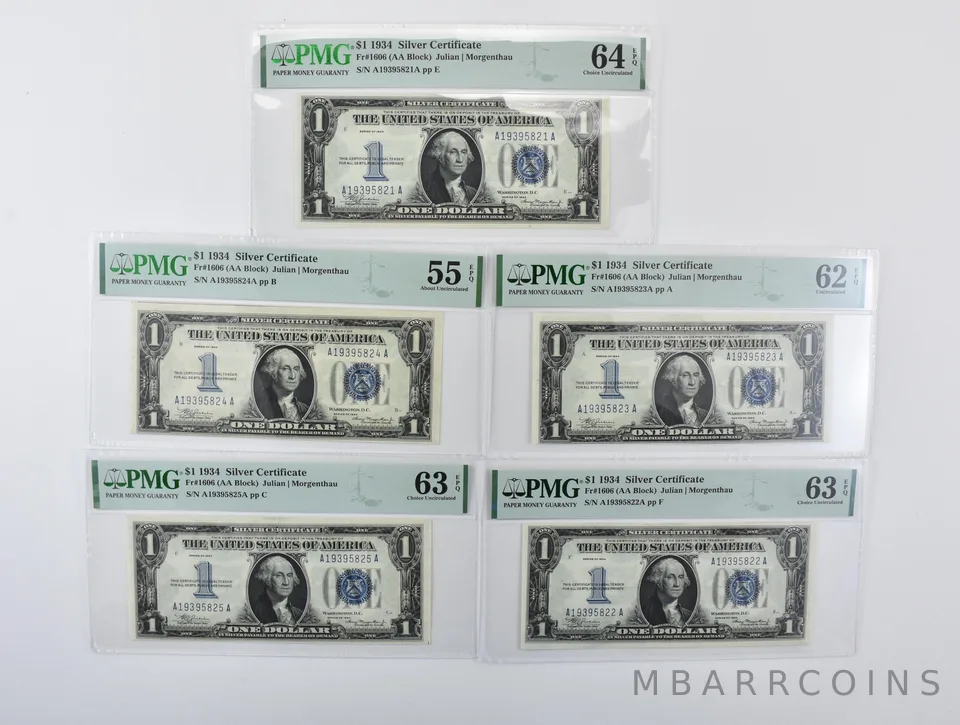 1934 $1 Silver Certificate Fr#1606 CU 64/63/62/AU 55 EPQ PMG Consecutive a7048