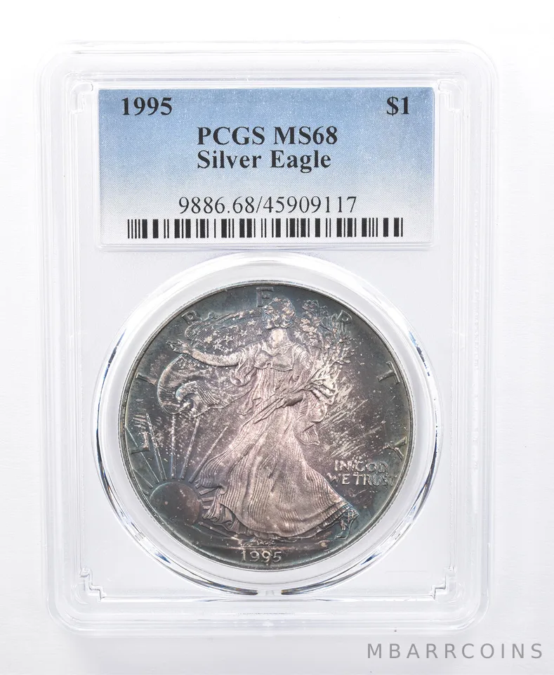 1995 American Silver Eagle MS68 PCGS Blue/Green Tone *8649