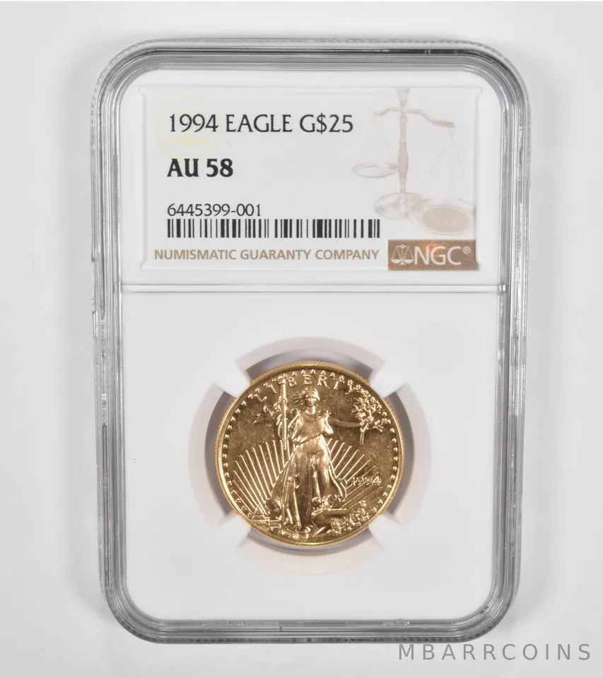 AU58 1994 $25 American Gold Eagle - 1/2 Oz. .999 Fine Gold - Graded NGC a1369