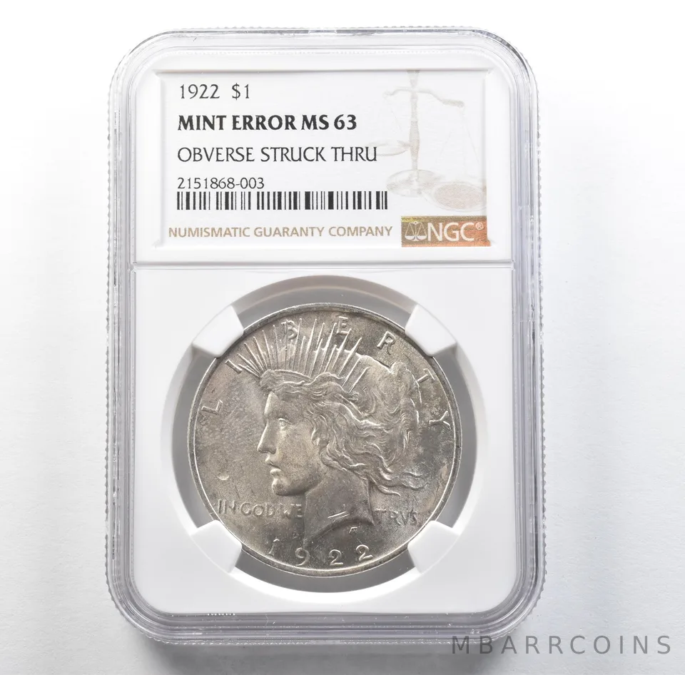 1922 Peace Silver Dollar Mint Error Obverse Struck Thru MS63 NGC *3154
