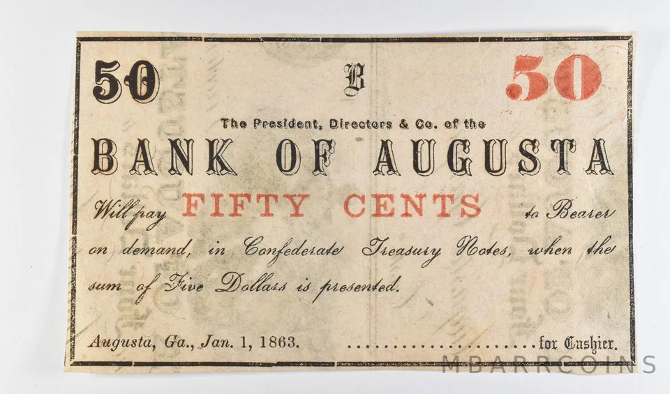 1863 50 Cents Bank Of Augusta GA Obsolete Note *8715