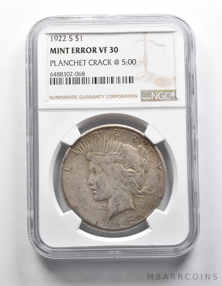 Mint Error VF30 1922-S Peace Silver Dollar Planchet Crack @5:00 NGC a1901