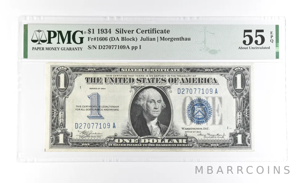 1934 $1 Silver Certificate Fr#1606 About Unc 55 EPQ PMG a6988