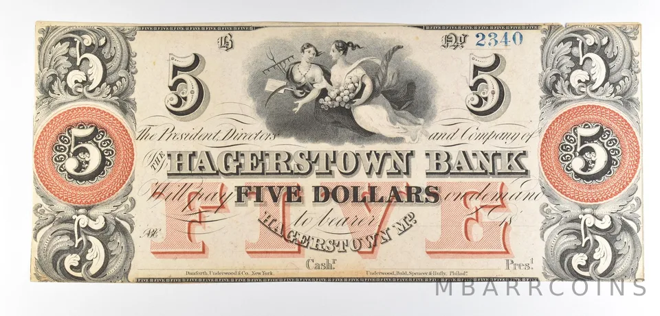 1800s $5 Hagerstown Bank MD Obsolete Note *8529