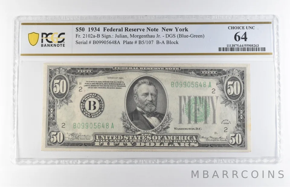 1934 $50 New York NY FRN Fr#2102a-B DGS (Blue-Green) Choice Unc 64 PCGS *7907