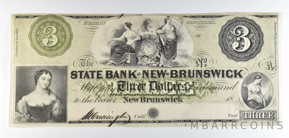 1800s $3 New Brunswick NJ State Bank Obsolete Note *8643