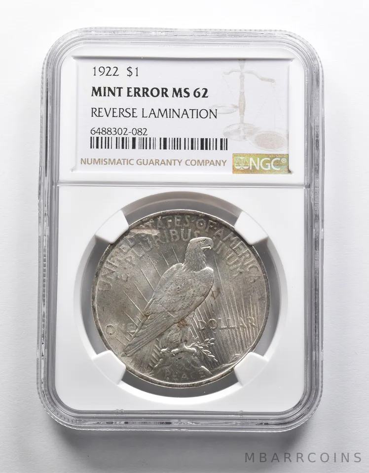 Mint Error MS62 1922 Peace Silver Dollar REV Lamination NGC *1924