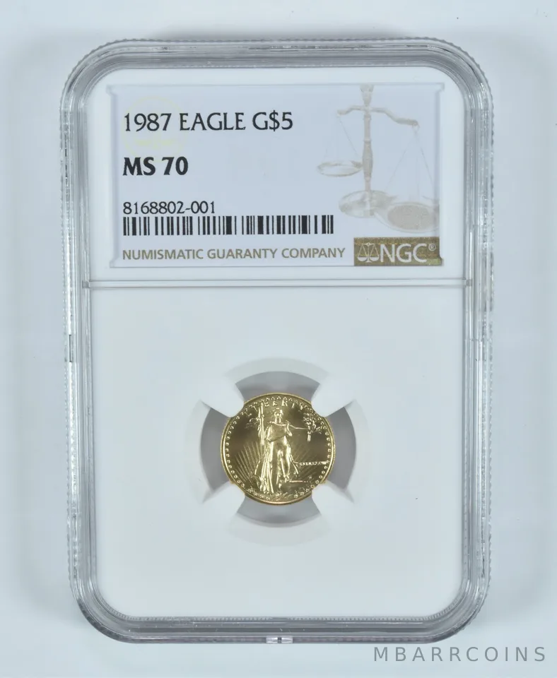 1987 $5 American Gold Eagle 1/10 oz MS70 NGC Brown Label
