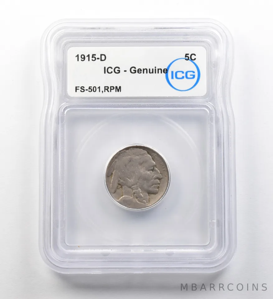 1915-D Indian Head Buffalo Nickel FS-501 RPM Genuine ICG ERROR *8181