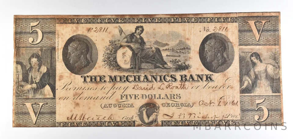 1861 $5 Augusta GA Mechanics Bank Obsolete Note *8792