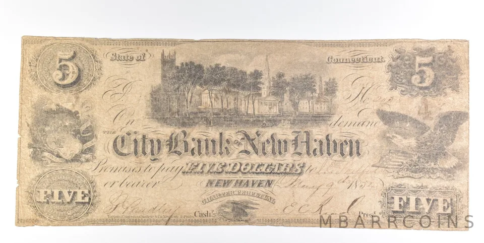 1852 $5 New Haven CT City Bank Obsolete Note *0232