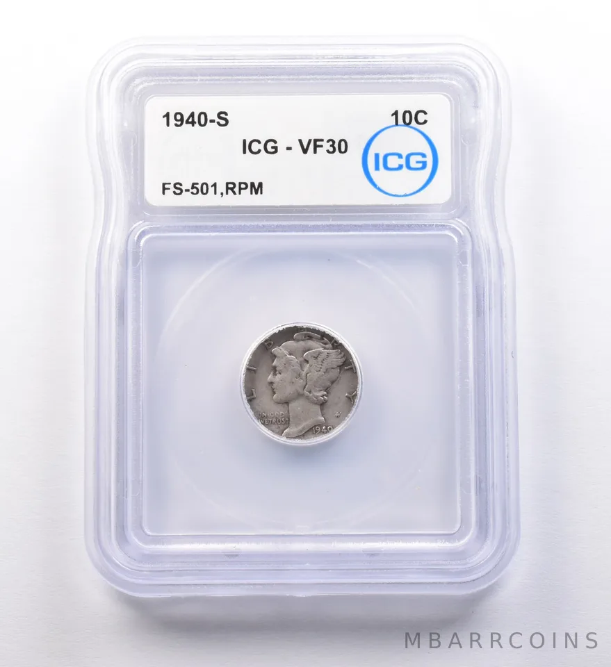 1940-S Mercury Dime FS-501 RPM VF30 ICG *9730