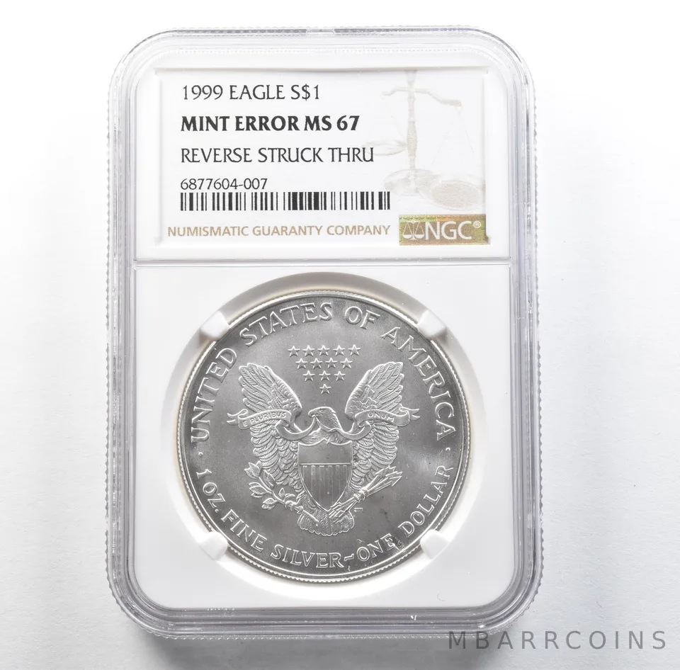 1999 American Silver Eagle Mint Error Reverse Struck Thru MS67 NGC *3162