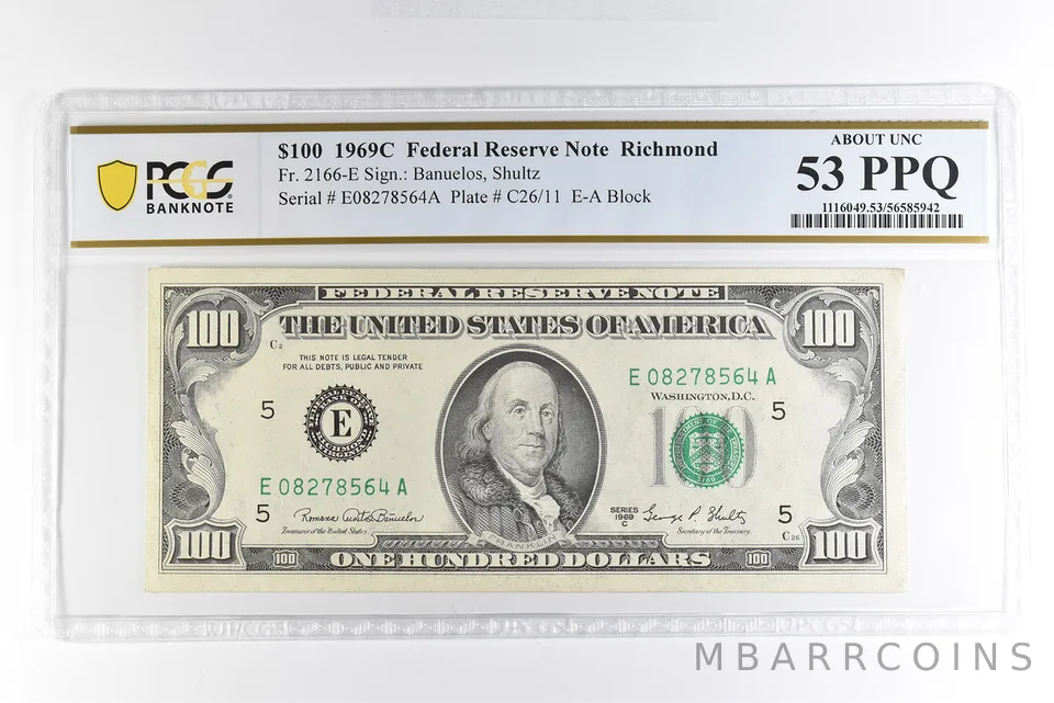 1969 C $100 Richmond VA FRN Fr#2166-E About Unc 53 PPQ PCGS *4964